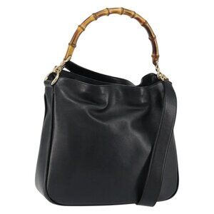 Authentic GUCCI Bamboo Shoulder Bag Leather Black Gold 001 3166